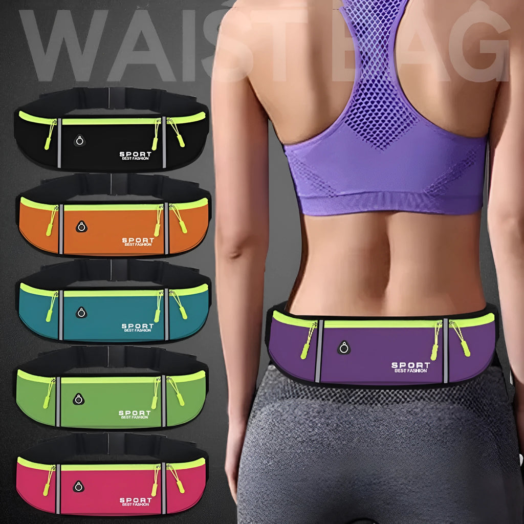 Waterproof Oxford cloth running belt bag in multiple colours, showing anti-theft design and pocket options.