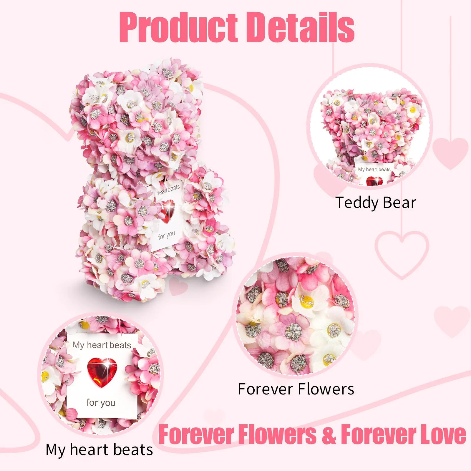Pink handmade artificial rose bear ornament 17 cm tall polyester and foam construction Valentine's gift