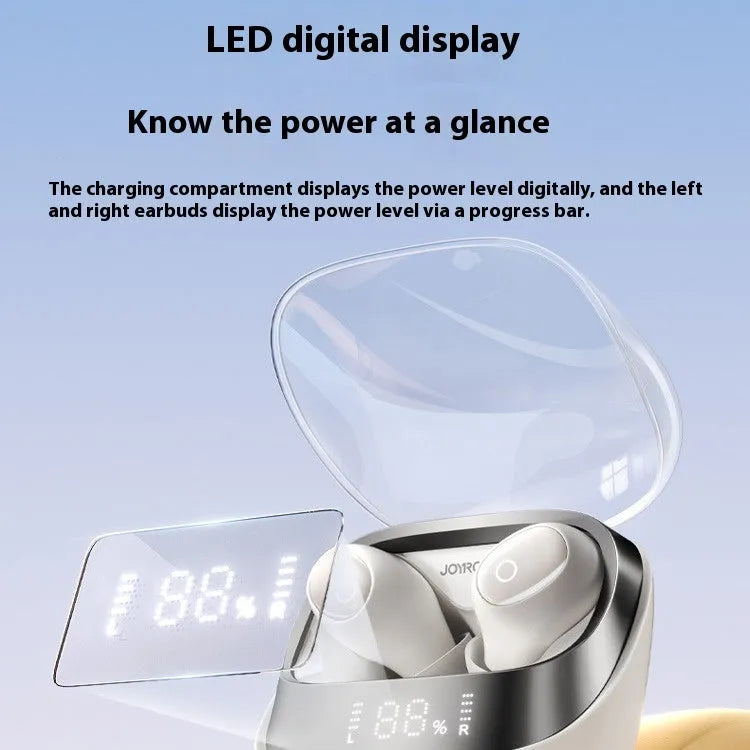 Dawn White wireless in-ear Bluetooth headphones and charging case on a table