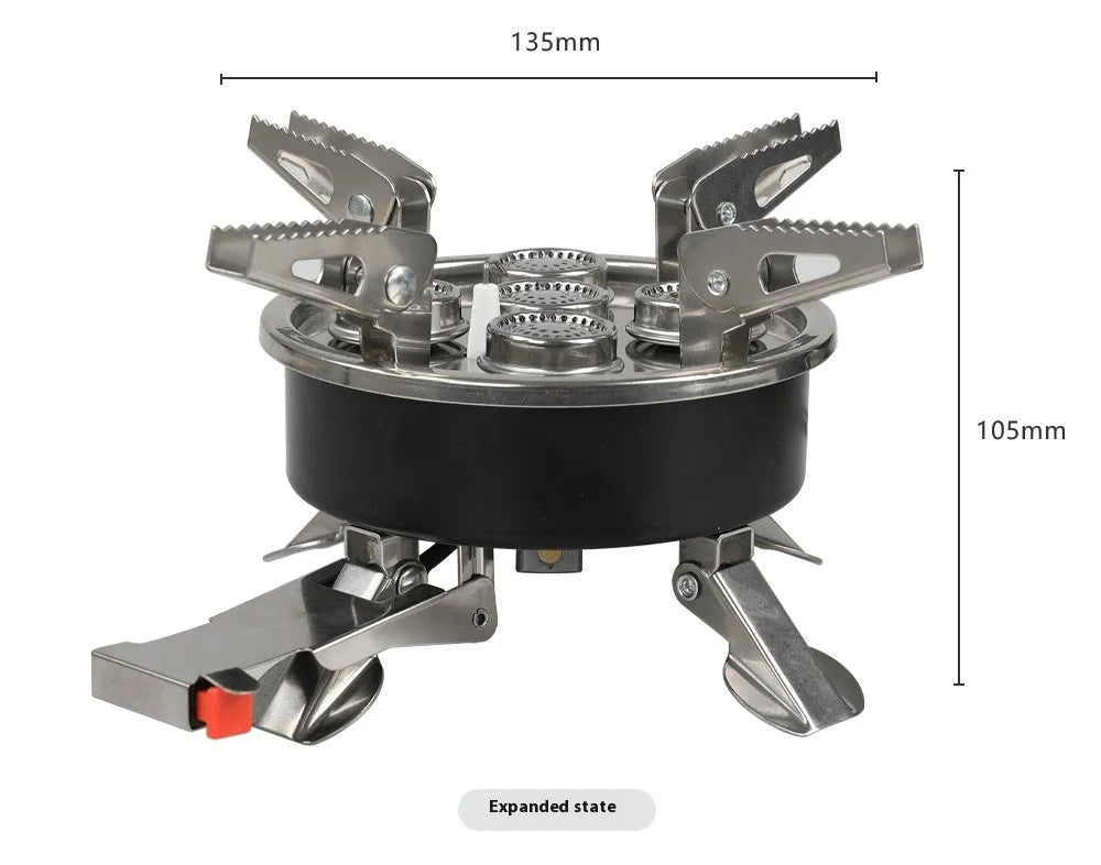 Silver portable split camping stove with folded legs and a 100cm gas hose on a wooden table.
