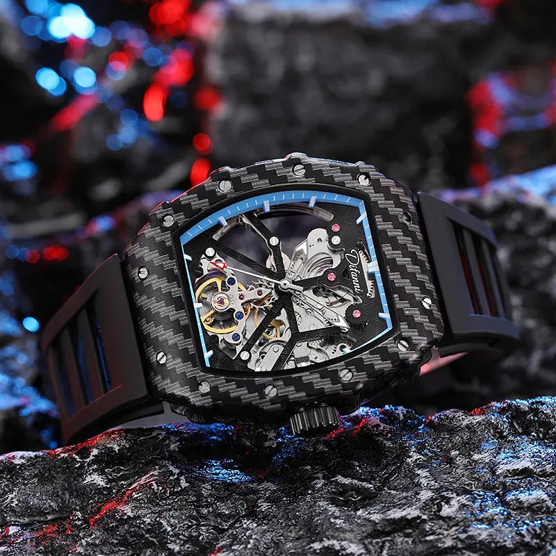 Men's automatic mechanical watch with black dial, luminous hands, stainless steel case, and black rubber strap.