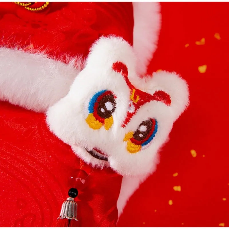 Red lion dance Tang suit pet vest with 3D lion head, tassel, and golden knot buttons for small dogs and cats.