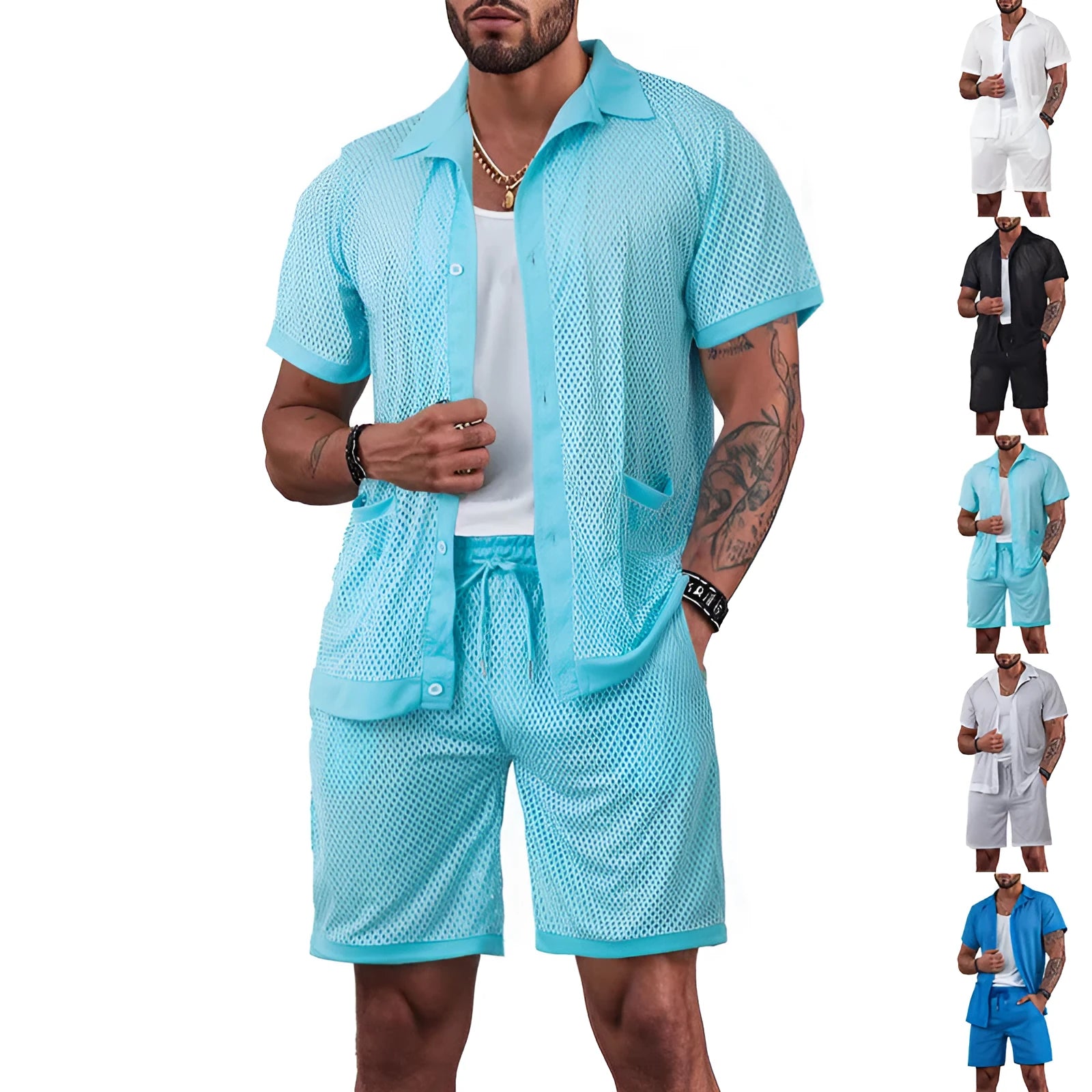 Beach Hawaii short sleeve dress and matching shorts set in light grey, laid flat.
