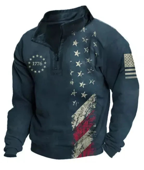 Men's loose fit long sleeve t-shirt with retro colour printing and zipper decorations on textured fabric.