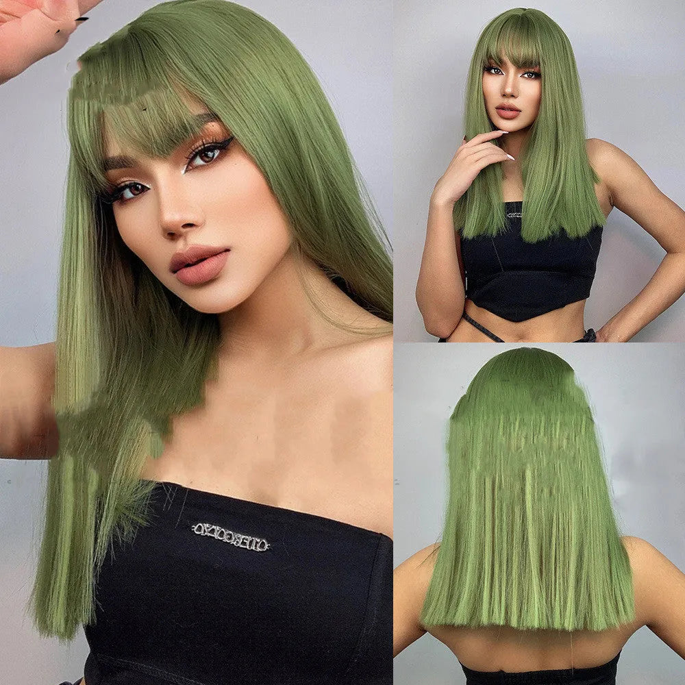 Plant green straight hair wig with bangs on a display head, Qi bangs feature, colour LC4771