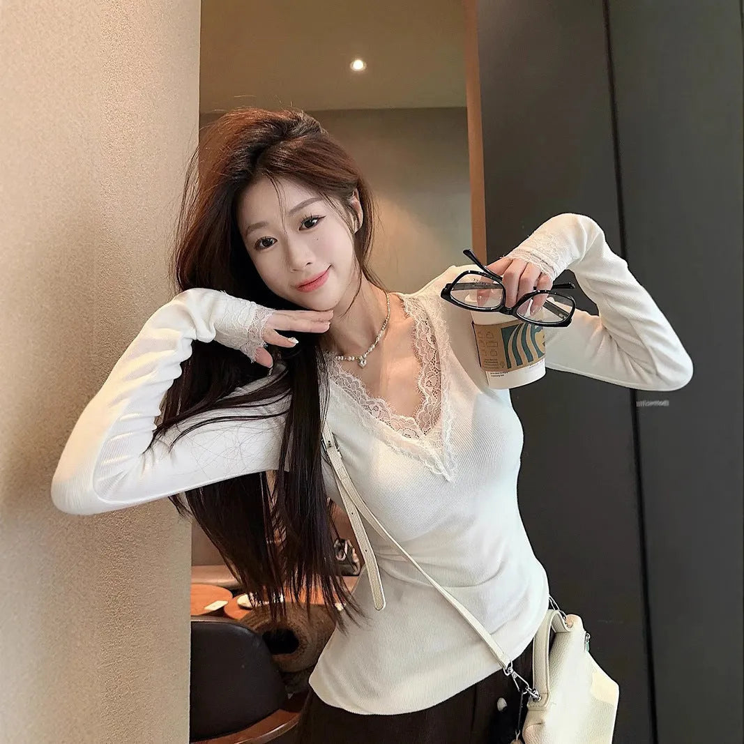 White V-neck Dralon lace stitching brushed long sleeve knitted top for women, slim fit, polyester, front view