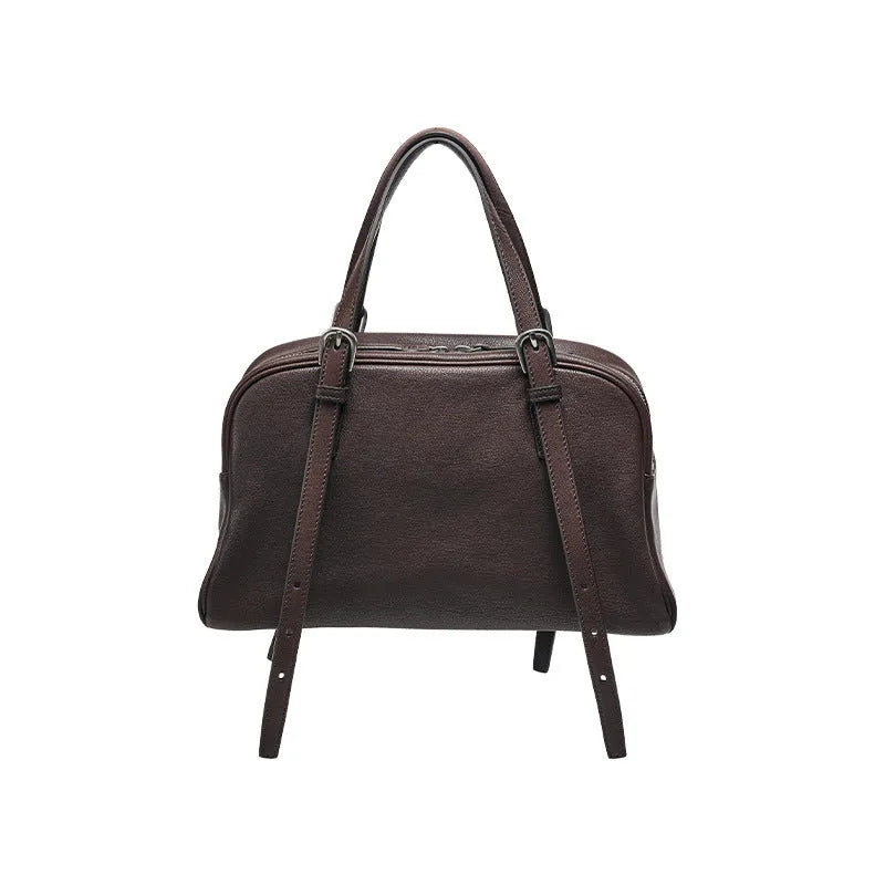 Women's retro style genuine leather shoulder bag with double straps in horizontal square design