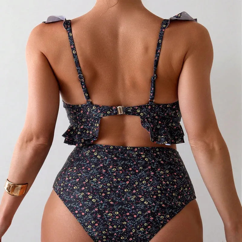Women's floral flounce split swimsuit, backless two-piece in polyester, available in multiple colours.