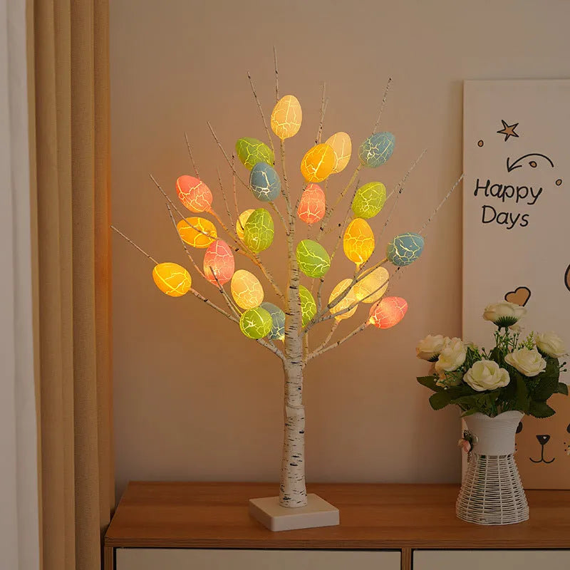 60cm white LED birch tree Easter decoration with adjustable branches and hanging cracked egg ornaments