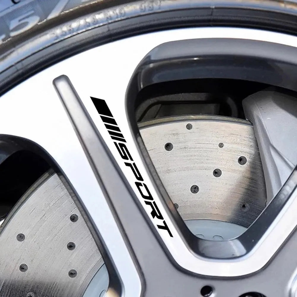 Car rim stickers with hollow sports design in black, red, or white colours measuring 10cm by 0.7cm