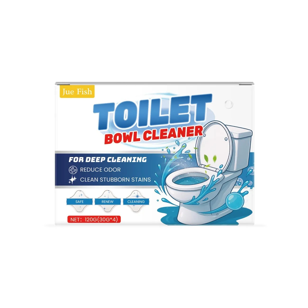 A 120g box of toilet cleaning powder containing four individual 30g sachets for removing stains and odour.