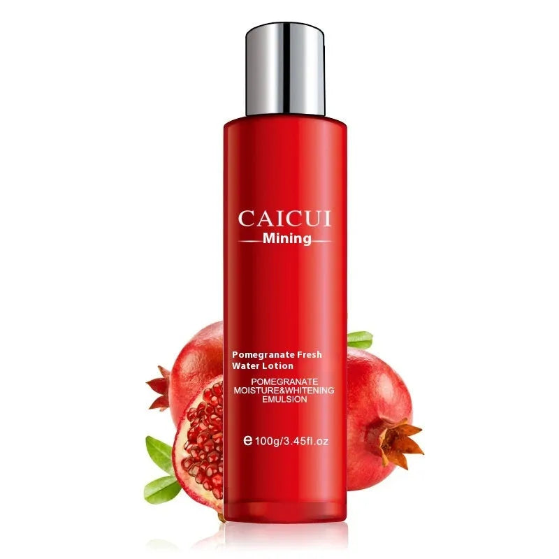 Red pomegranate skincare set with four bottles: face wash, toner, lotion, and facial cream.
