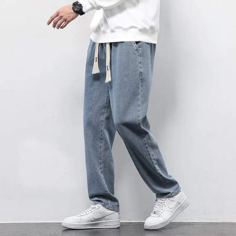 Men's loose wide leg denim trousers with elasticated drawstring waist in multiple colours, straight-leg fit