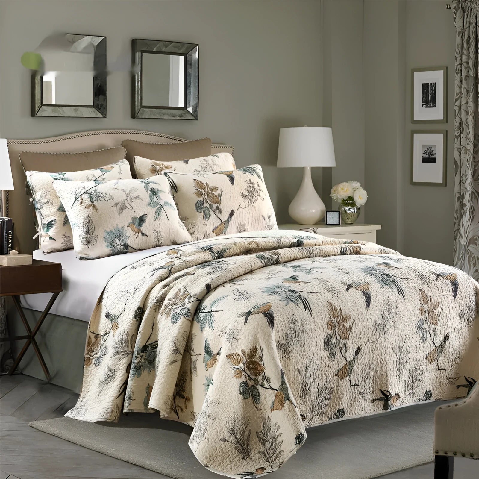 Quilted pure cotton bed cover and pillowcase set laid on a double bed, showing detailed printed pattern.