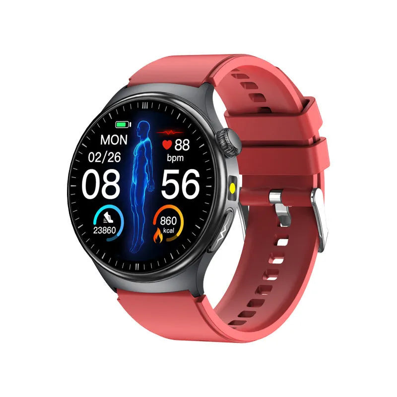 TK27 Bluetooth smart bracelet with black strap and 1.43 inch screen displaying health metrics, IP68 waterproof alloy metal shell