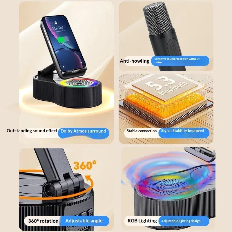 5-in-1 rotating adjustable phone stand power bank Bluetooth speaker in black with single microphone