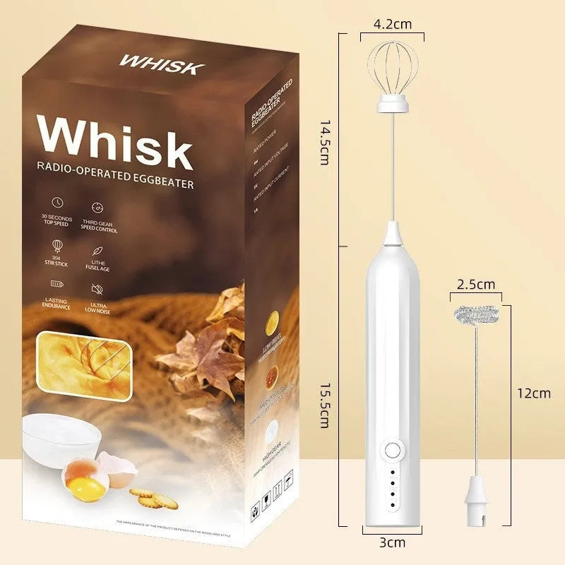 Mini handheld electric milk frother in black, white, or khaki colour with a stainless steel whisk and USB port.