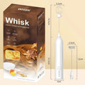 Mini handheld electric milk frother in black, white, or khaki colour with a stainless steel whisk and USB port.