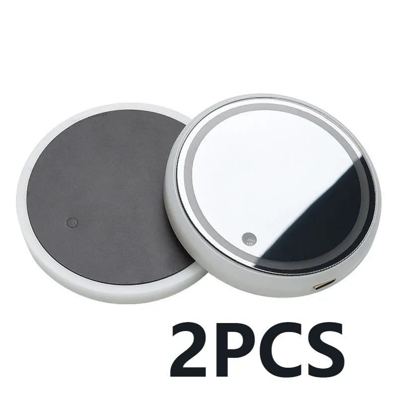 Colourful LED light-up car cup holder coaster with USB cable on a car centre console.