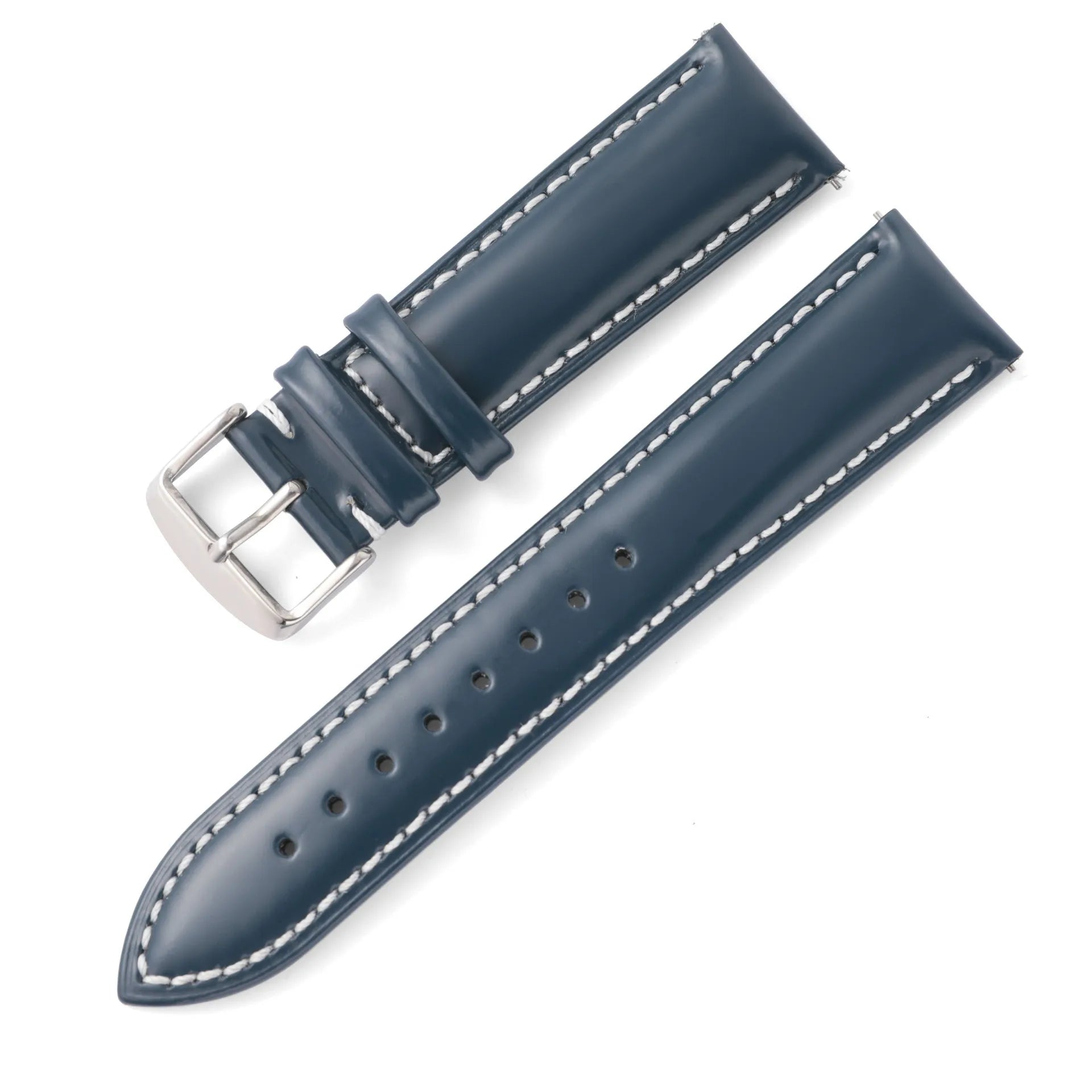 Quick release watch strap in bright cowhide leather showing colour options and width measurements