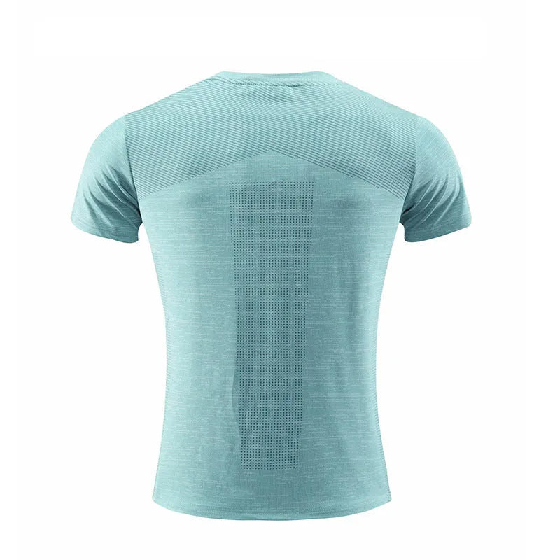 Short sleeved polyester spandex running t-shirt shown in multiple colour options.
