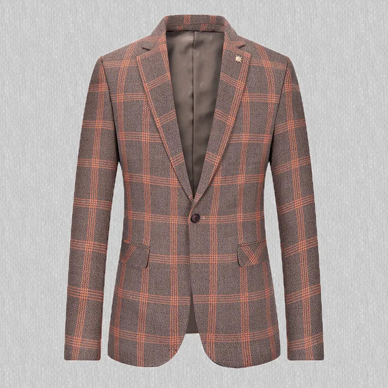 Men's slim fit casual suit coat in navy blue on a hanger, front view with two buttons and notch lapels