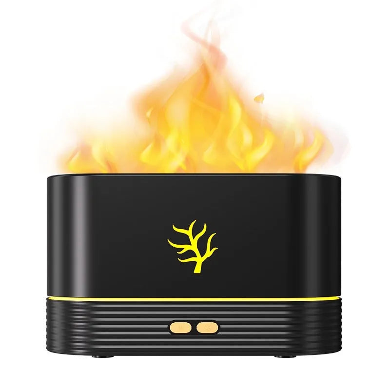 Square black or white USB flame humidifier with LED fire simulation effects and aromatherapy function