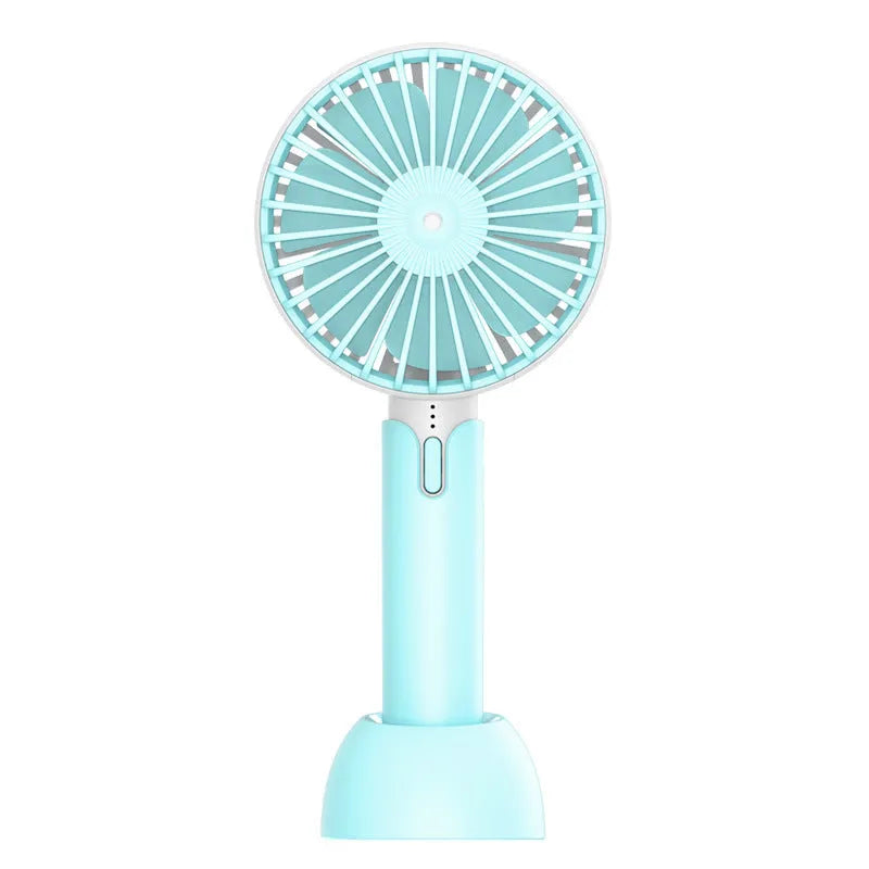 Blue handheld mini USB electric fan with three-speed settings and shaking head motion