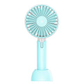 Blue handheld mini USB electric fan with three-speed settings and shaking head motion