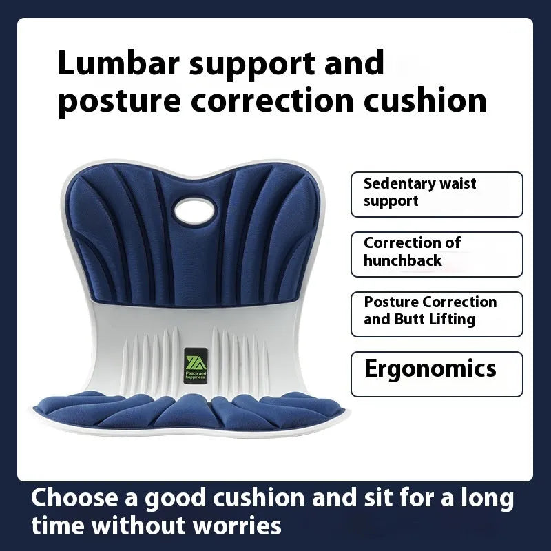 Grey ergonomic seat cushion with waist support contour on office chair