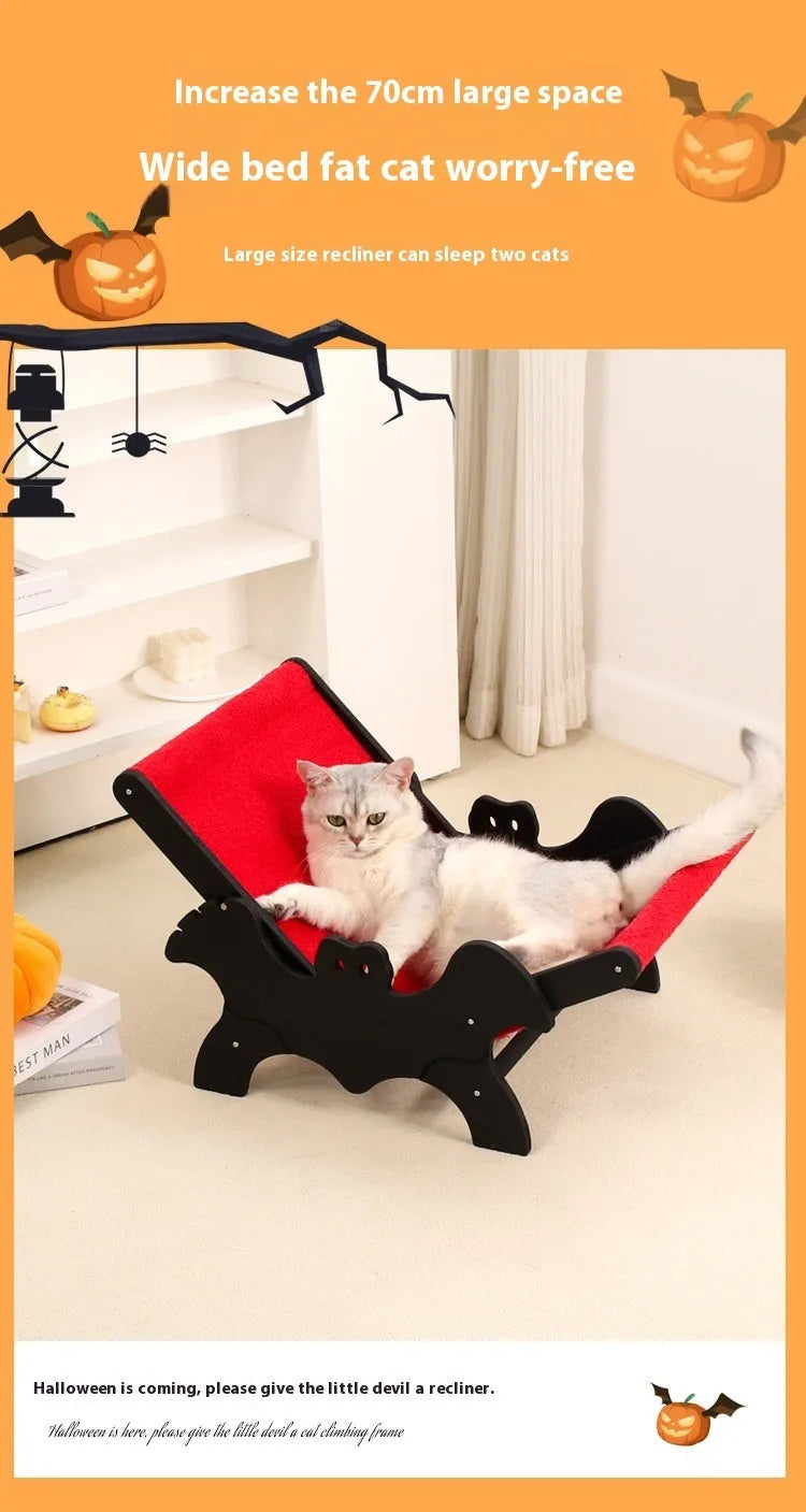 Black and red Halloween-themed wooden cat recliner bed with slatted frame.