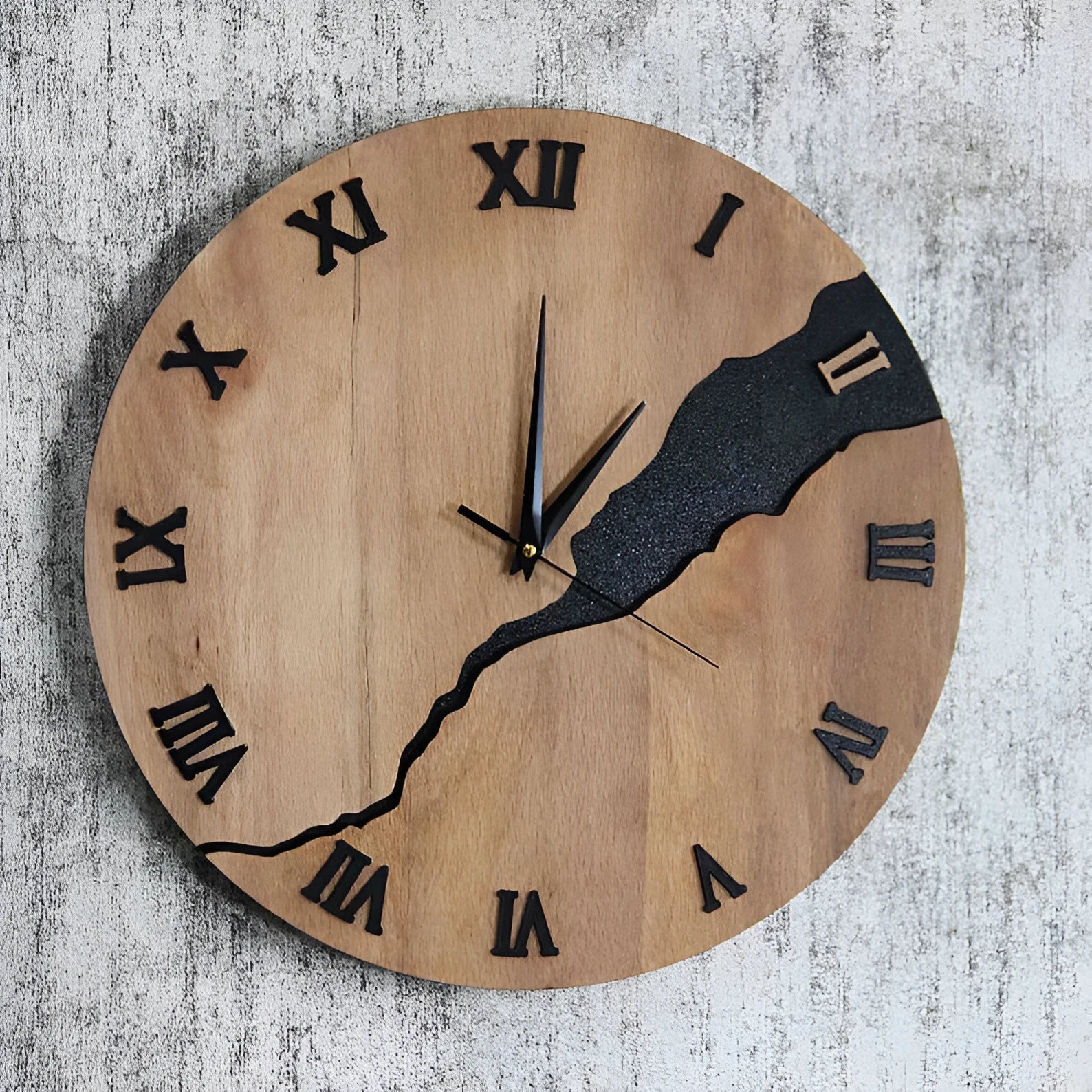 Modern wooden wall clock with cracked finish design showing five style variations