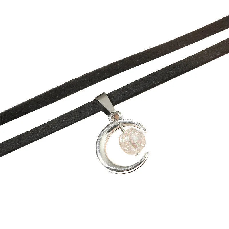 Double-layer moon pendant necklace with acrylic beads and velvet cord in Double Moon colour, women's geometric net red style