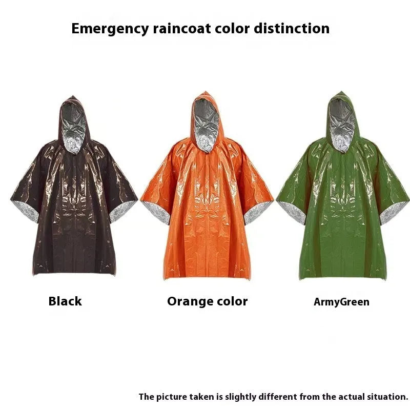 Orange and army green waterproof raincoat poncho laid flat, showing its 100x130cm size for outdoor use.