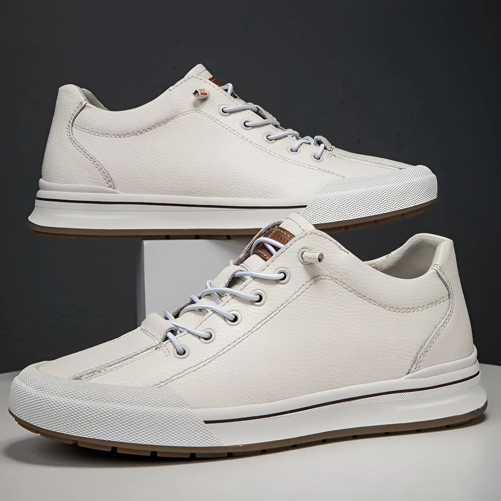 Men's white matte leather shoes with flat heel and round toe in breathable design