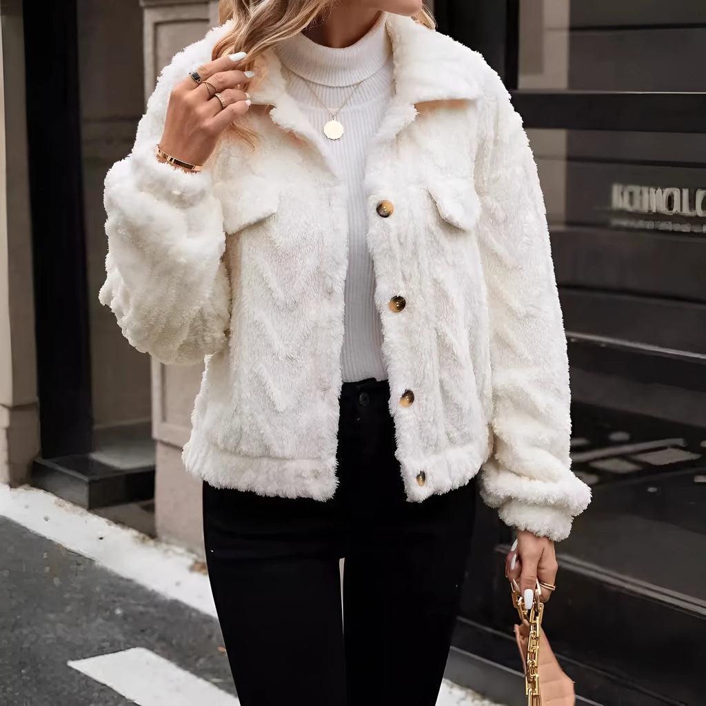 Women's ivory white double-sided plush button cardigan with long sleeves