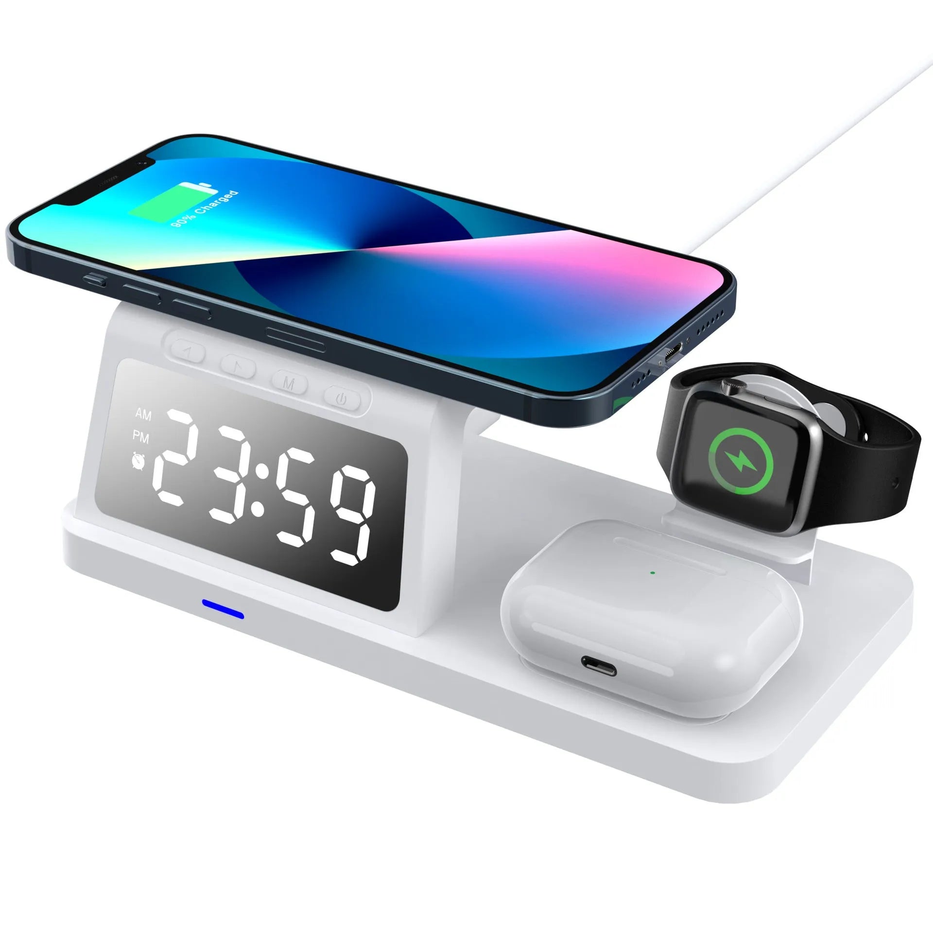 Four-in-one clock wireless charger in white with Type-C input, showing clock display and charging pad
