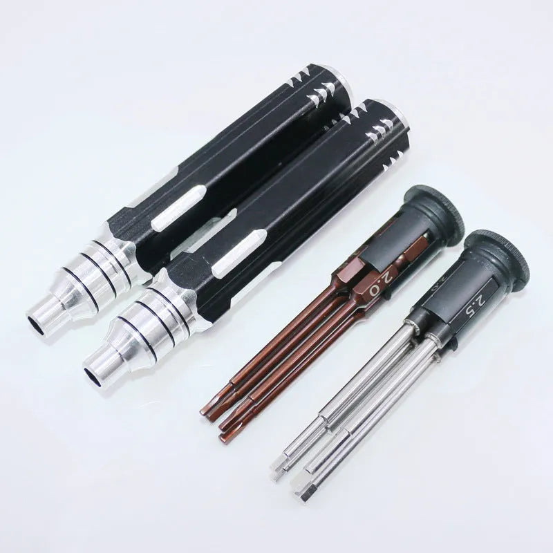 Four-in-one hexagonal screwdriver with bronze aluminium handle and four chrome vanadium steel hex bits