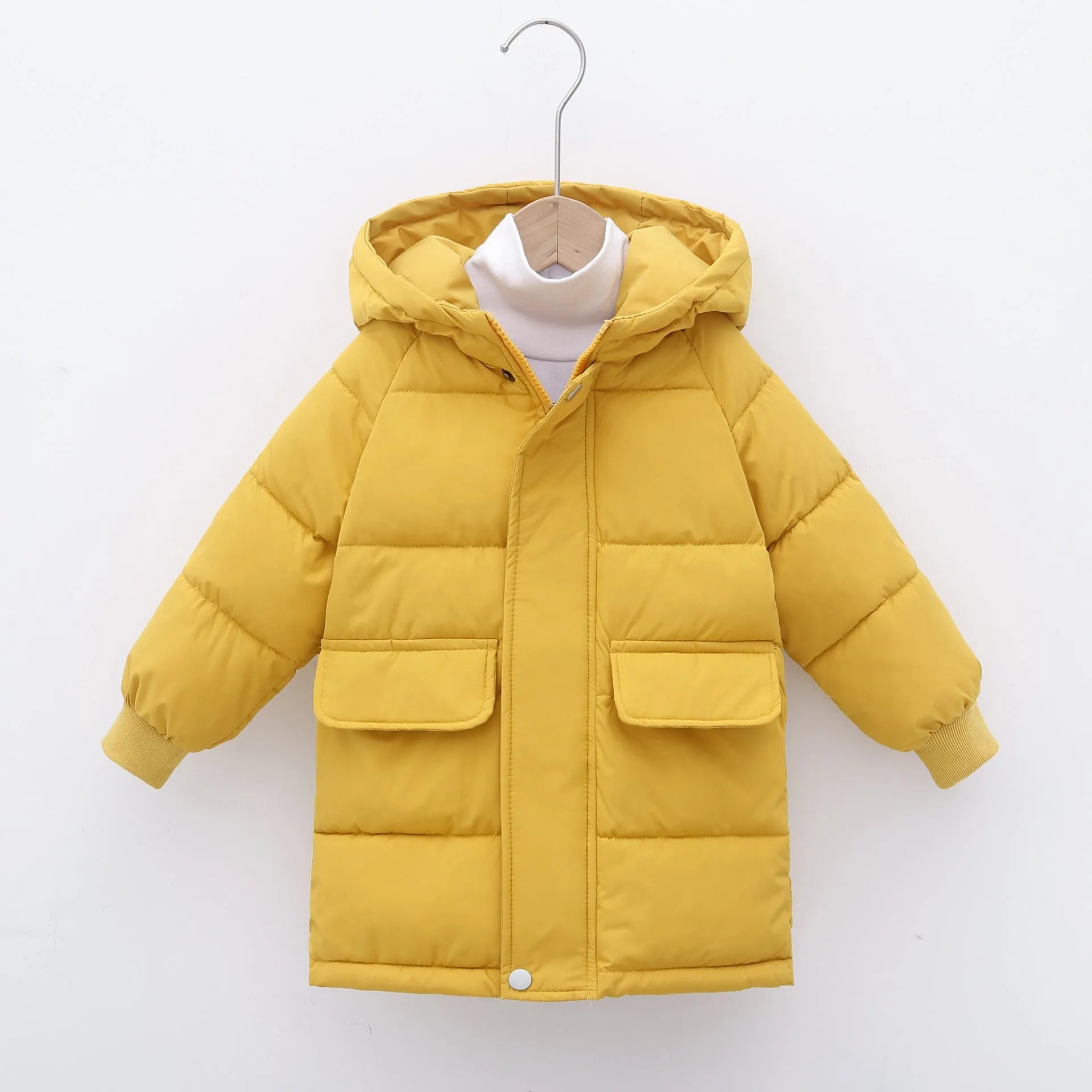 Children's mid-length hooded thickened jacket in polyester fibre with zipper, available in multiple colours