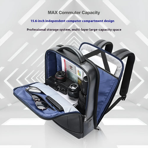 Black genuine leather business backpack with USB charging port and curved shoulder straps
