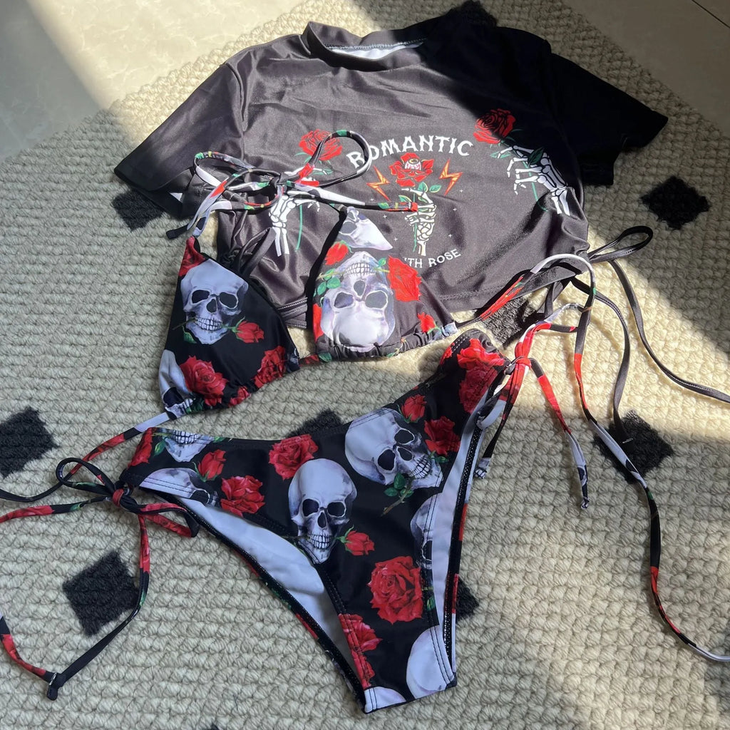 Skull rose printed three-piece swimwear set in red colour with swim trunks and short sleeves