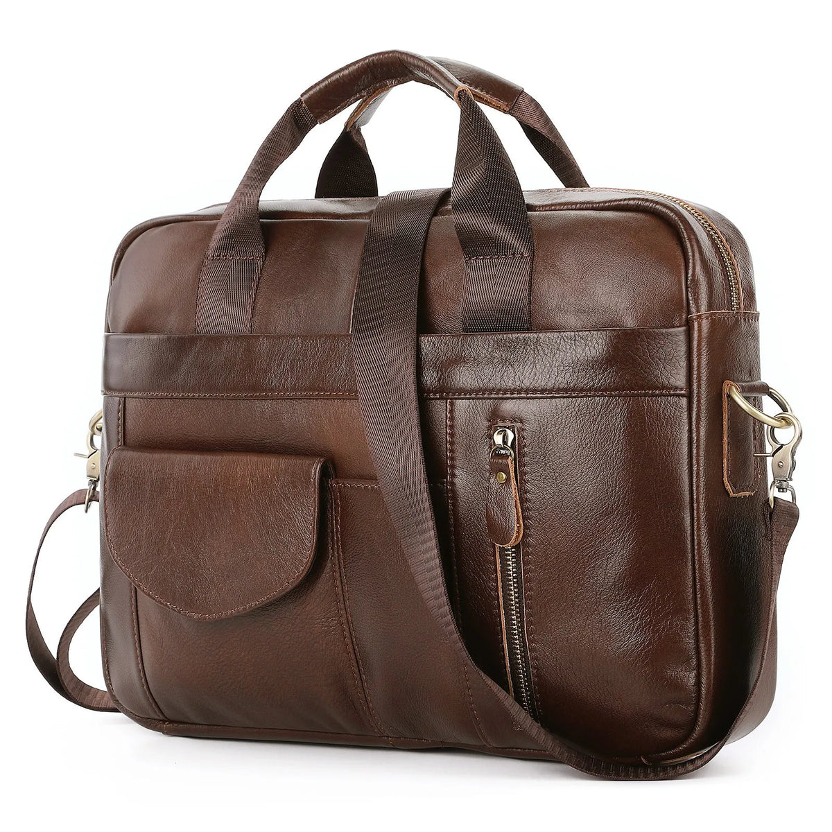 Men's leather cross-body briefcase, 10 inch vertical square first layer cowhide bag with zip, black and brown