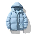 Men's hooded zip-up winter jacket in black with thickened polyester padding and side seam pockets