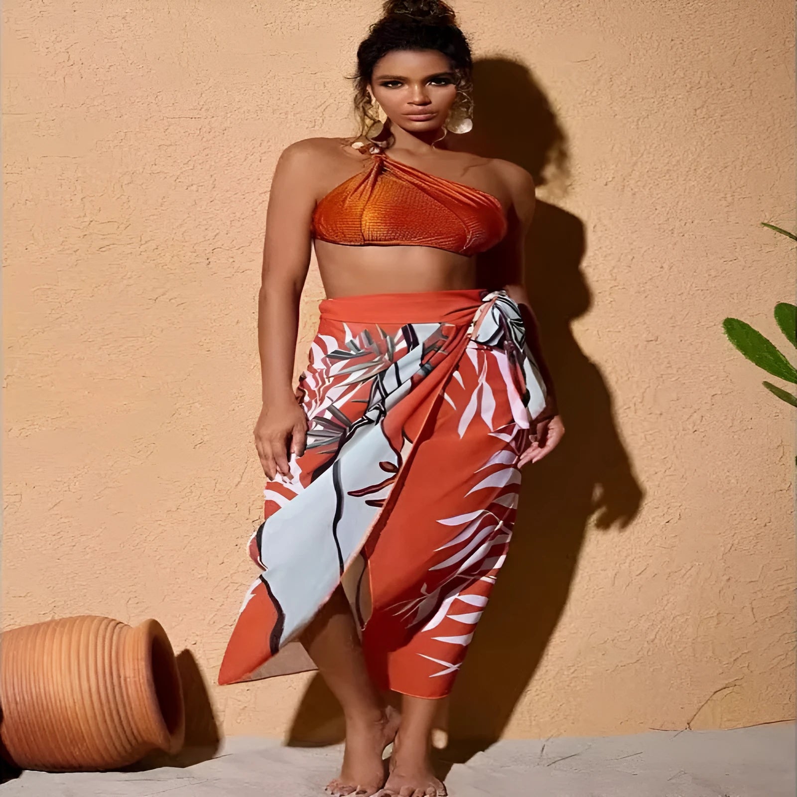 Women's brown high-waist push-up bikini with matching chiffon dress swimsuit set.