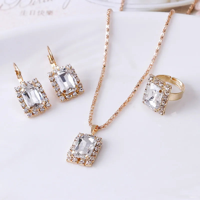 Women's alloy crystal square three-piece jewellery set with necklace, earrings, and ring