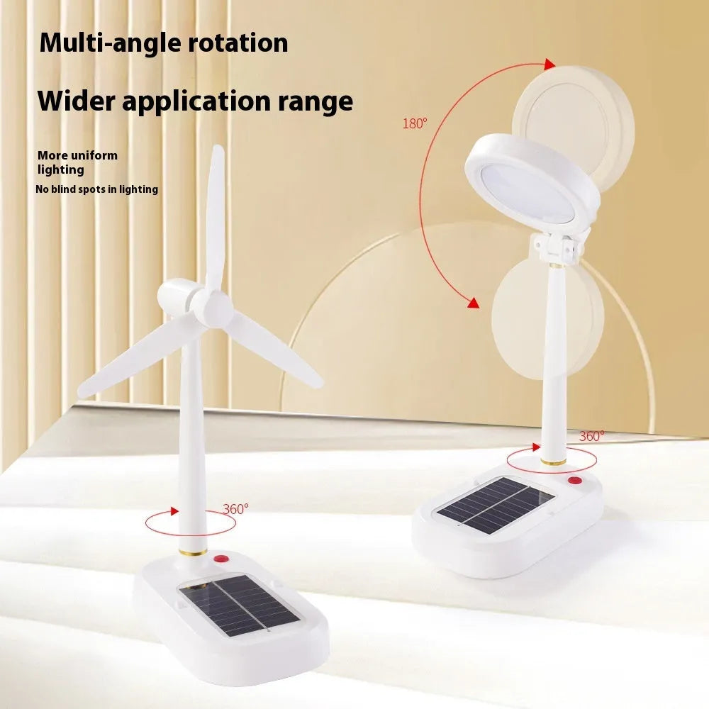 Ivory white solar-powered table fan with integrated LED study lamp on a desk.