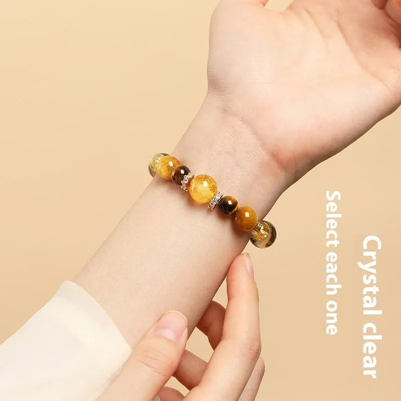 Jinba geometric tiger-eye crystal bracelet in natural yellow showing 10mm and 12mm size options