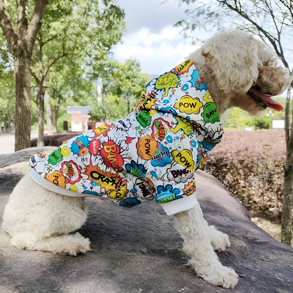 Acrylic pet hoodie with graffiti print and letter design in blue colour for dogs