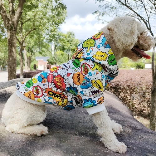 Acrylic pet hoodie with graffiti print and letter design in blue colour for dogs