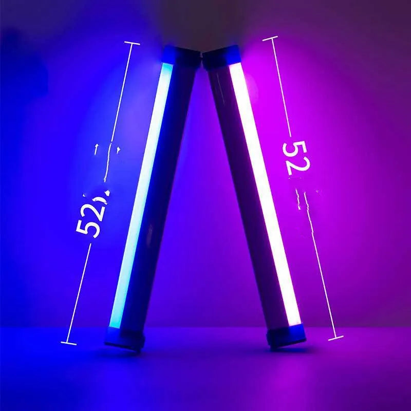 Rechargeable dimmable LED fill light tube in blue and purple colours with USB charging cable